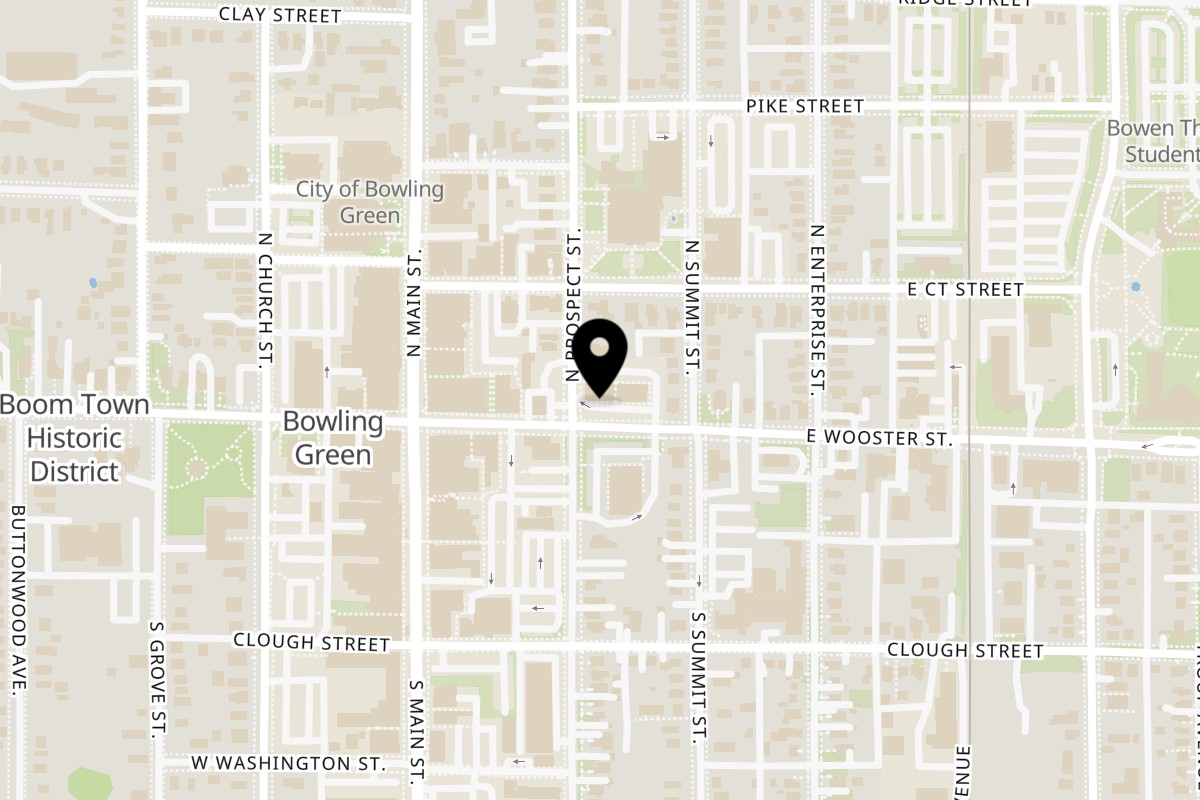 Map showing the location of Grub Guys on 215 E Wooster St Ste 2 in Bowling Green